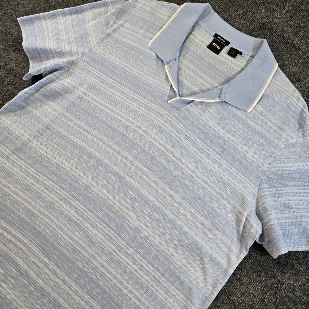 Hugo Boss Mens XXL Mercerized Cotton Striped Johnny Collar Polo Shirt Blue White